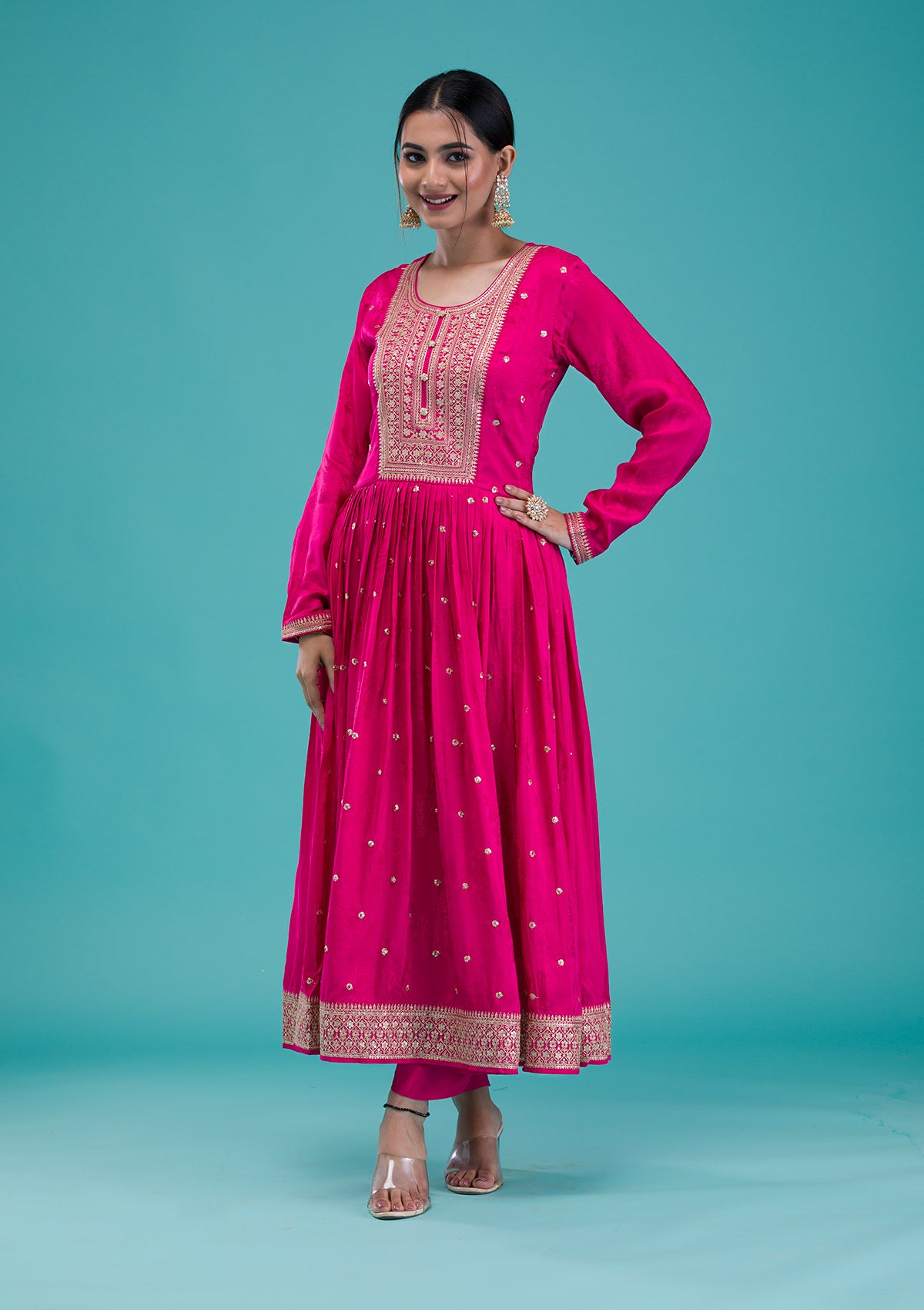 Rani Pink Zariwork Crepe Readymade Salwar Suit