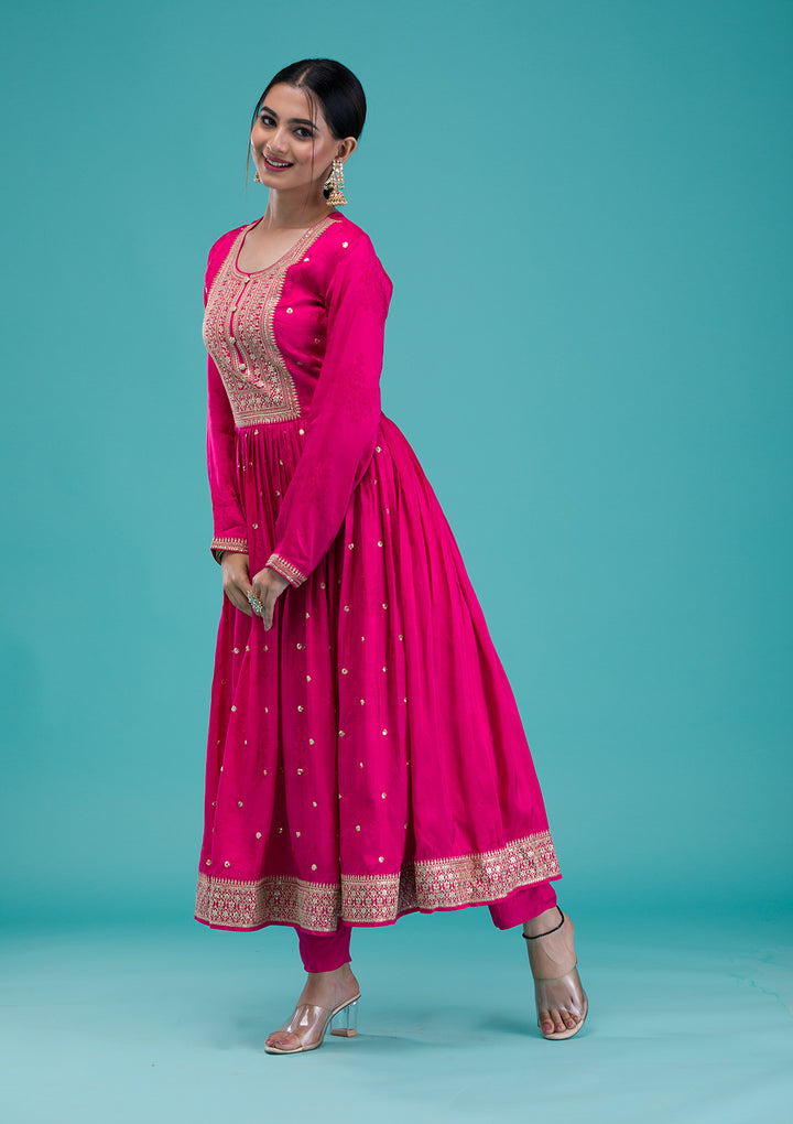 Rani Pink Zariwork Crepe Readymade Anarkali Suit