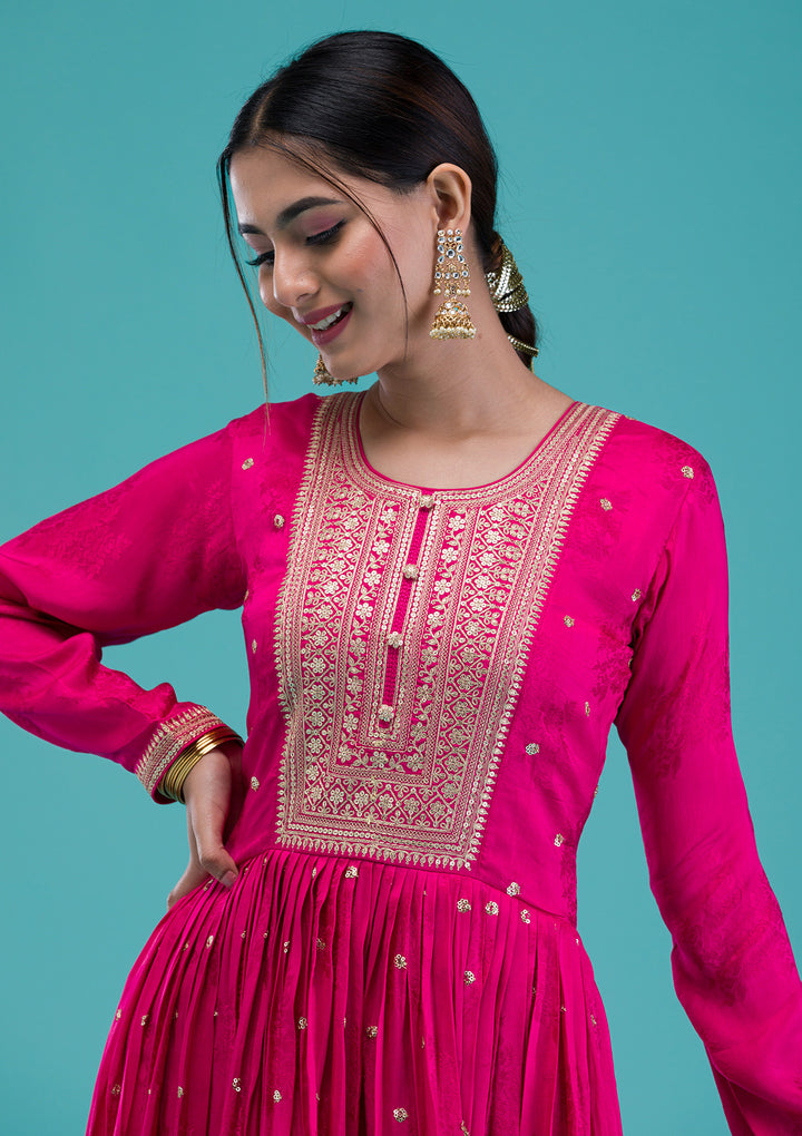 Rani Pink Zariwork Crepe Readymade Anarkali Suit