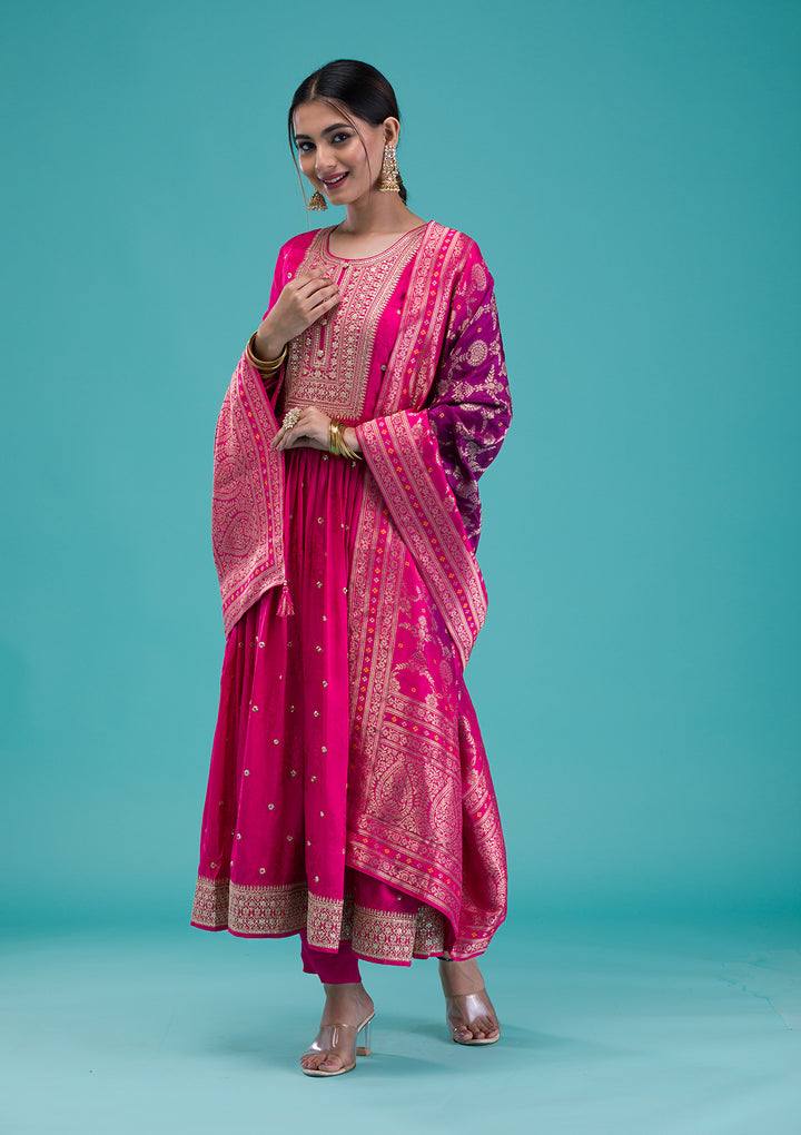 Rani Pink Zariwork Crepe Readymade Anarkali Suit