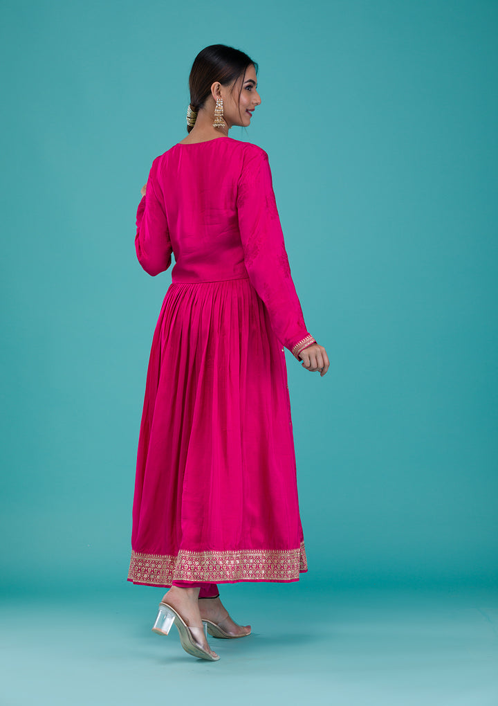Rani Pink Zariwork Crepe Readymade Anarkali Suit