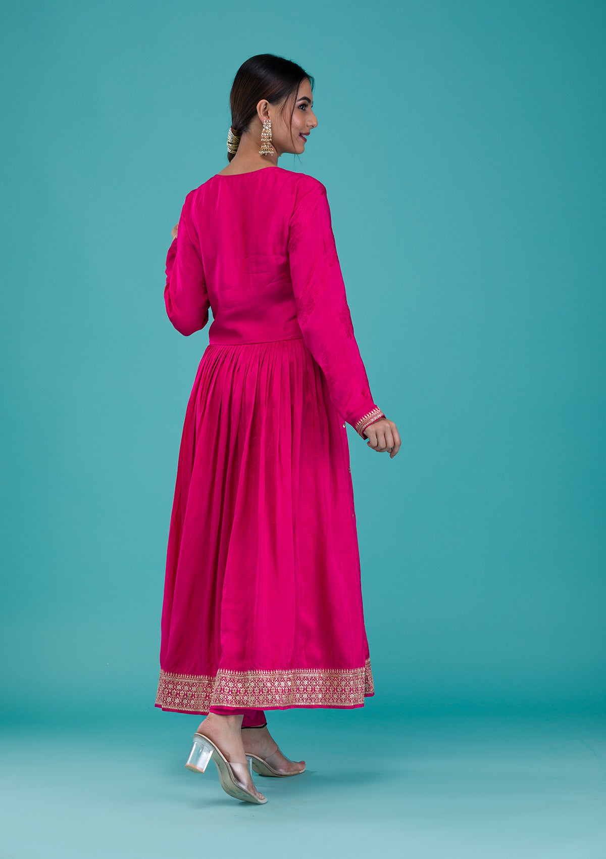 Rani Pink Zariwork Crepe Readymade Salwar Suit