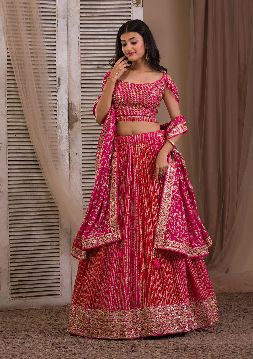 Rani Pink Zariwork Georgette Readymade Lehenga-Koskii