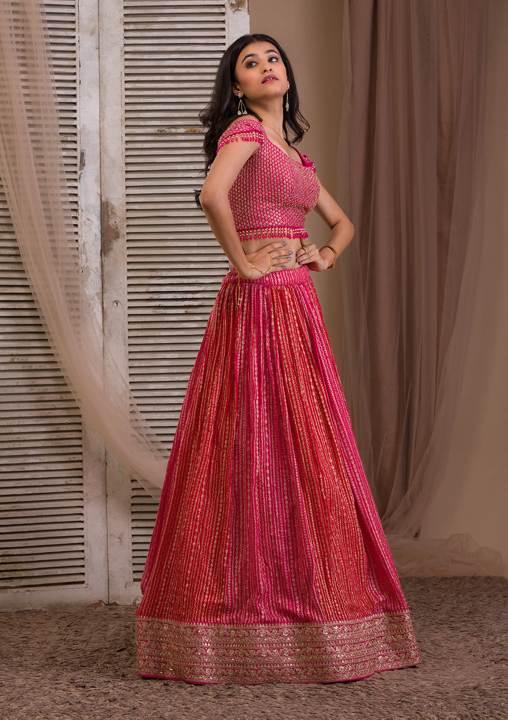Rani Pink Zariwork Georgette Readymade Lehenga-Koskii