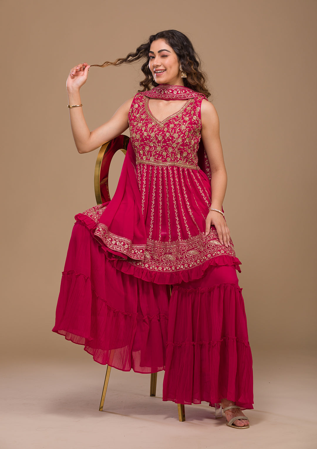 Rani Pink Zariwork Georgette Readymade Salwar Suit-Koskii