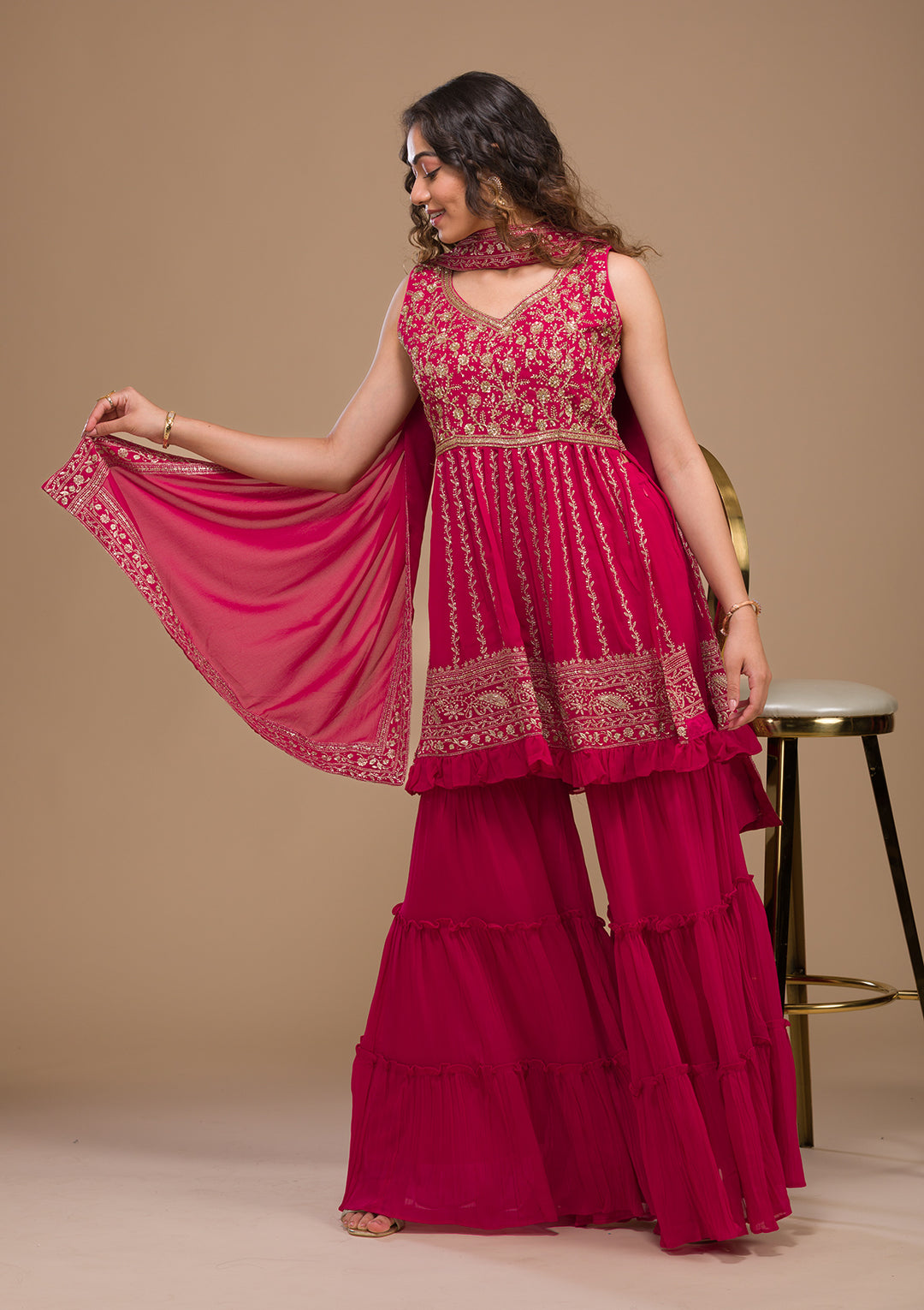 Rani Pink Zariwork Georgette Readymade Salwar Suit-Koskii
