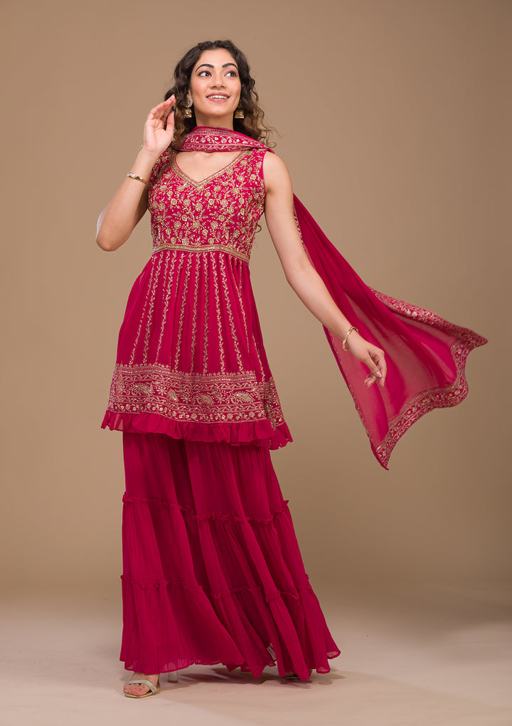 Rani Pink Zariwork Georgette Readymade Salwar Suit-Koskii