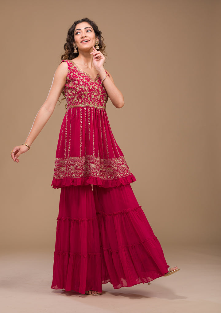 Rani Pink Zariwork Georgette Readymade Salwar Suit-Koskii