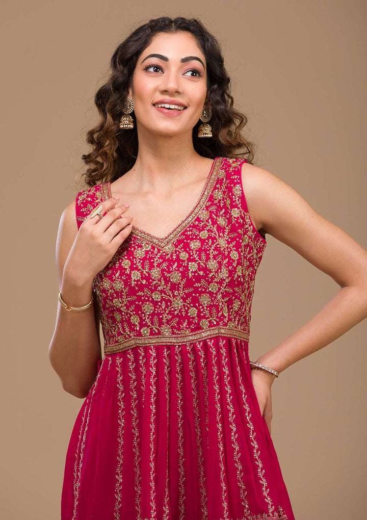 Rani Pink Zariwork Georgette Readymade Salwar Suit-Koskii