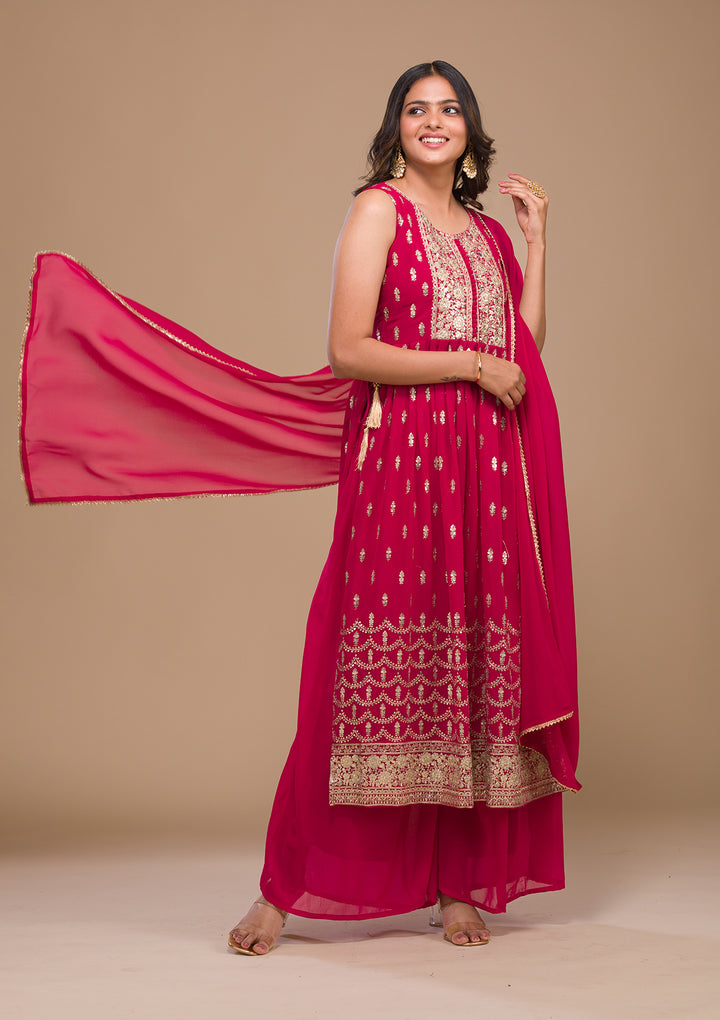 Rani Pink Zariwork Georgette Readymade Salwar Suit-Koskii