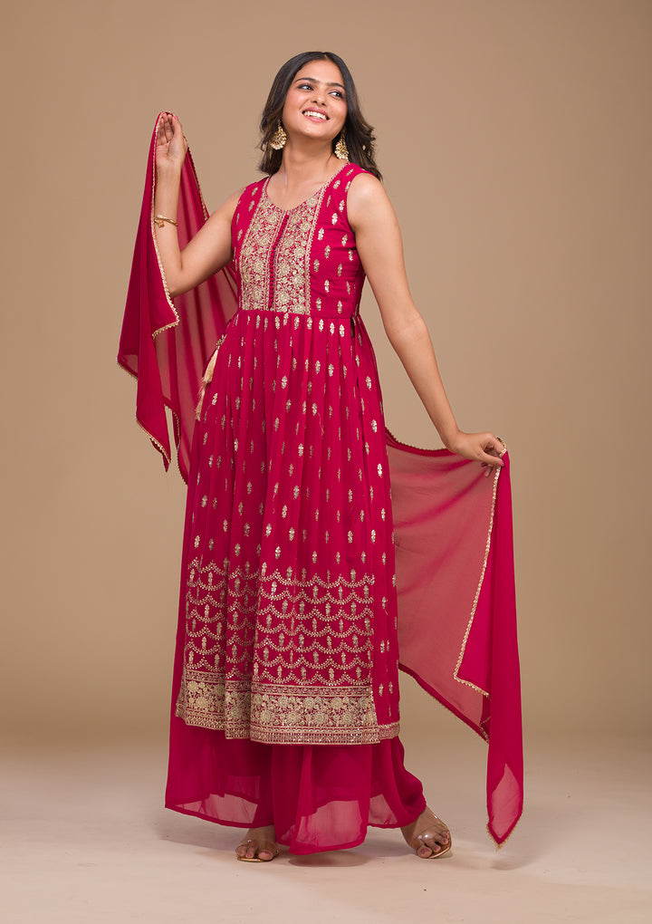 Rani Pink Zariwork Georgette Readymade Salwar Suit-Koskii