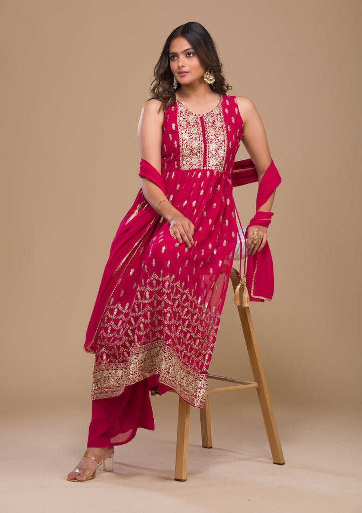 Purple Embroidered Georgette Salwar Suit With Pants and Dupatta - ASHWINI -  4041825