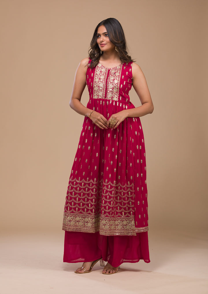Rani Pink Zariwork Georgette Readymade Salwar Suit-Koskii