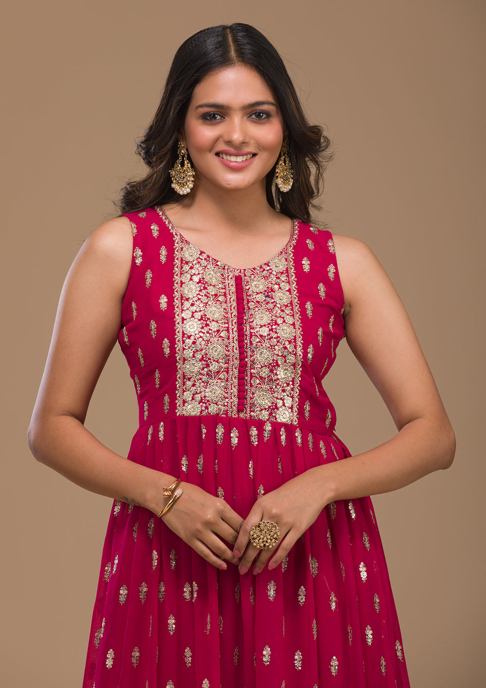 Rani Pink Zariwork Georgette Readymade Salwar Suit-Koskii