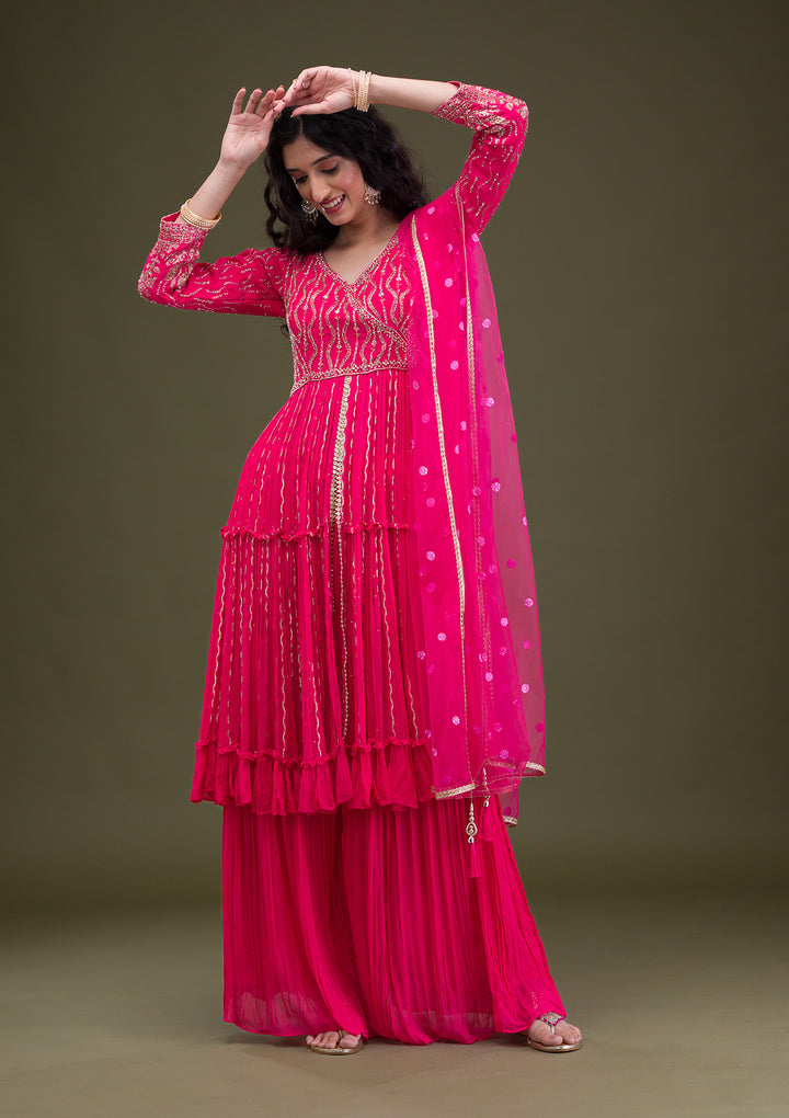 Rani Pink Zariwork Georgette Readymade Salwar Suit