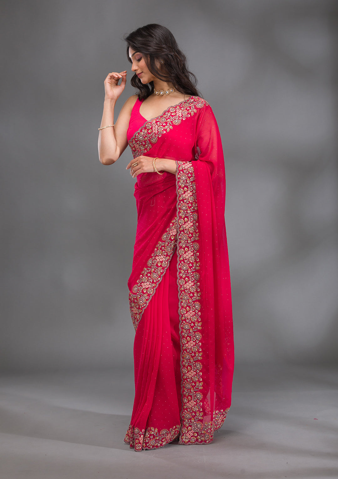 Rani Pink Zariwork Georgette Saree