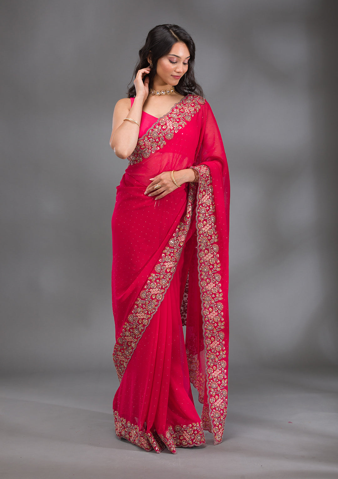 Rani Pink Zariwork Georgette Saree