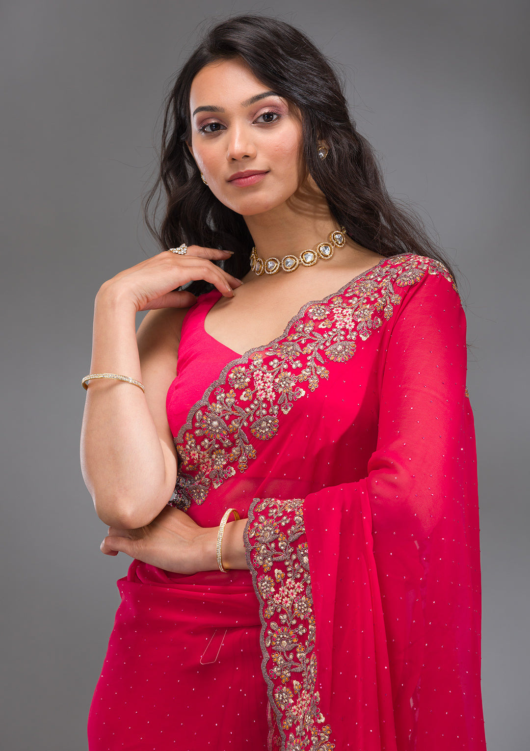 Rani Pink Zariwork Georgette Saree