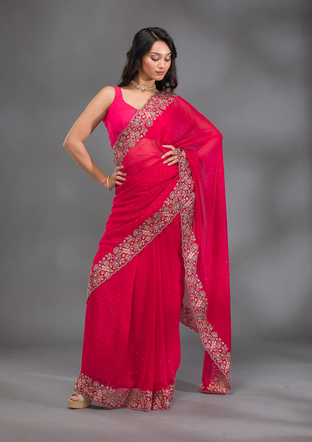 Rani Pink Zariwork Georgette Saree