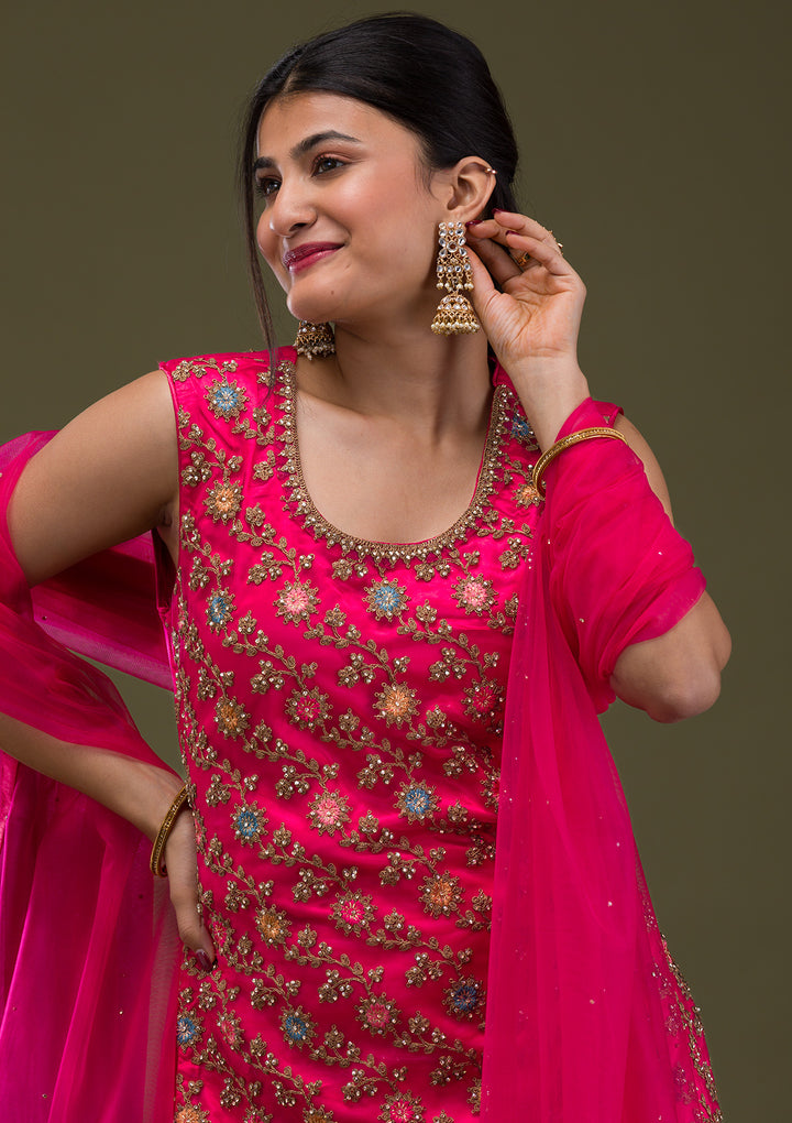 Rani Pink Zariwork Net Readymade Salwar Suit