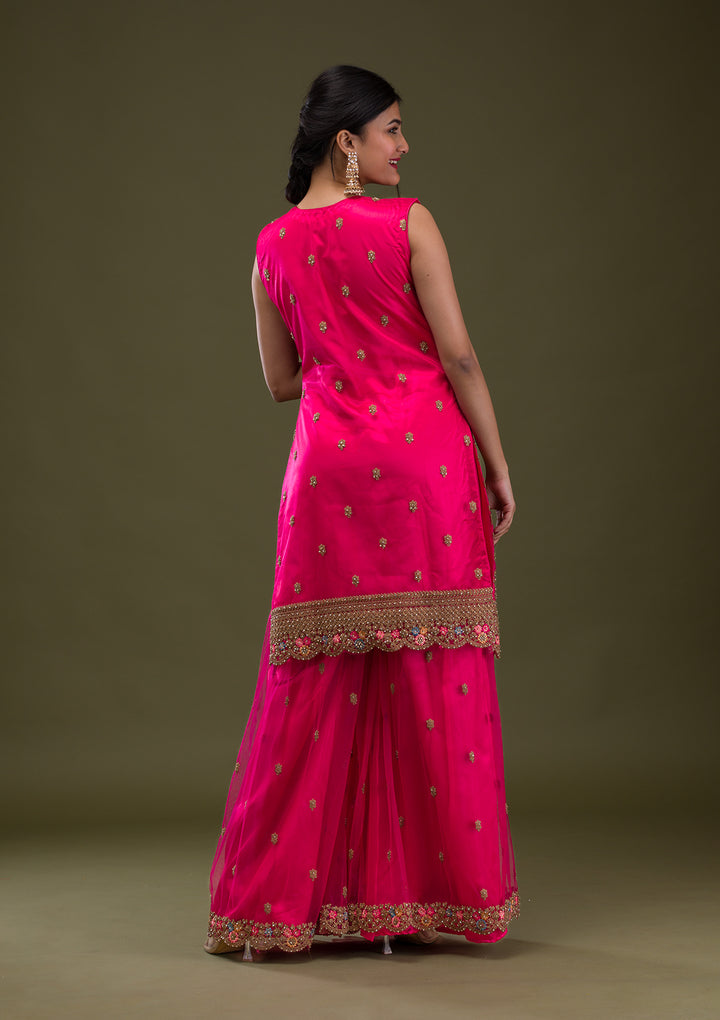 Rani Pink Zariwork Net Readymade Salwar Suit