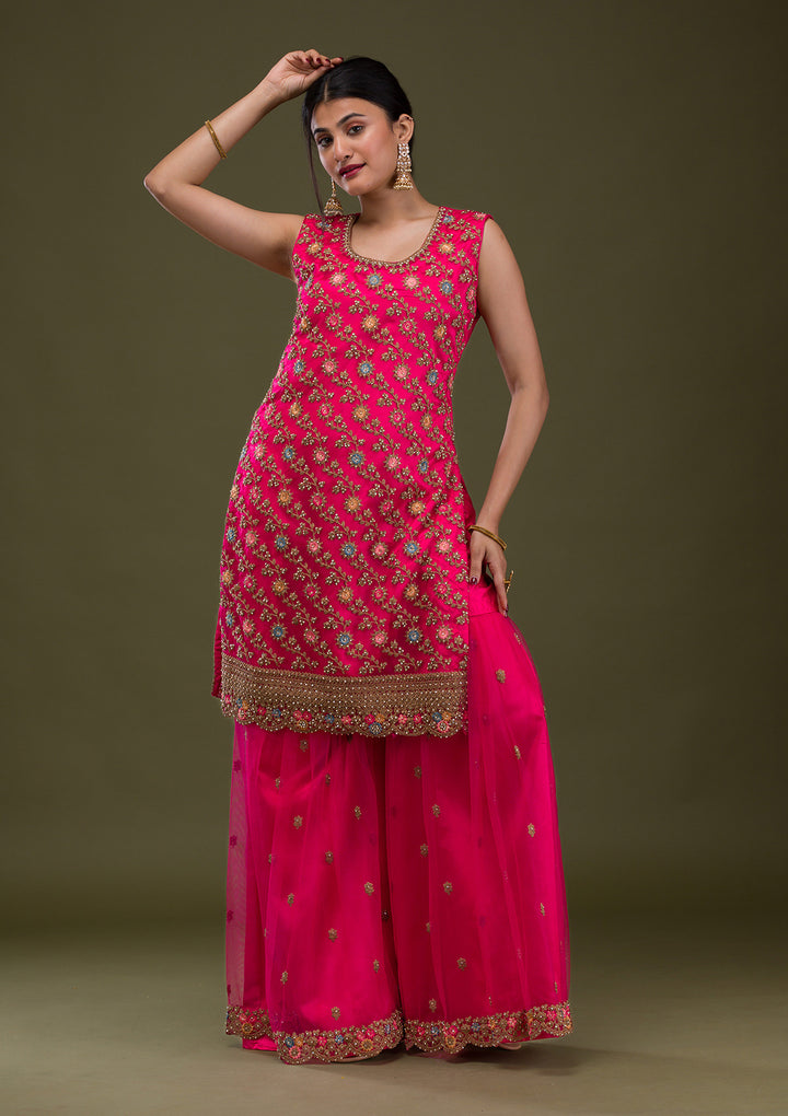 Rani Pink Zariwork Net Readymade Salwar Suit