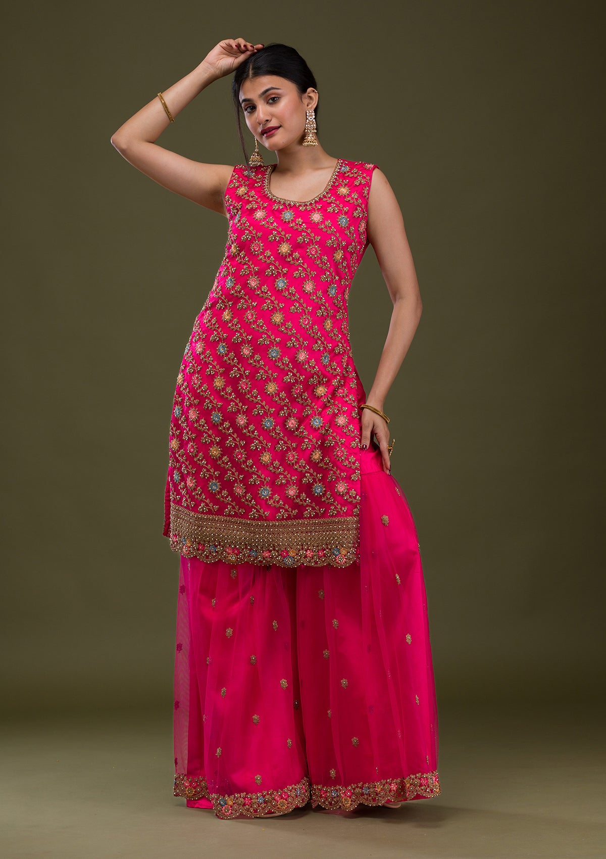 Rani Pink Zariwork Net Readymade Salwar Suit
