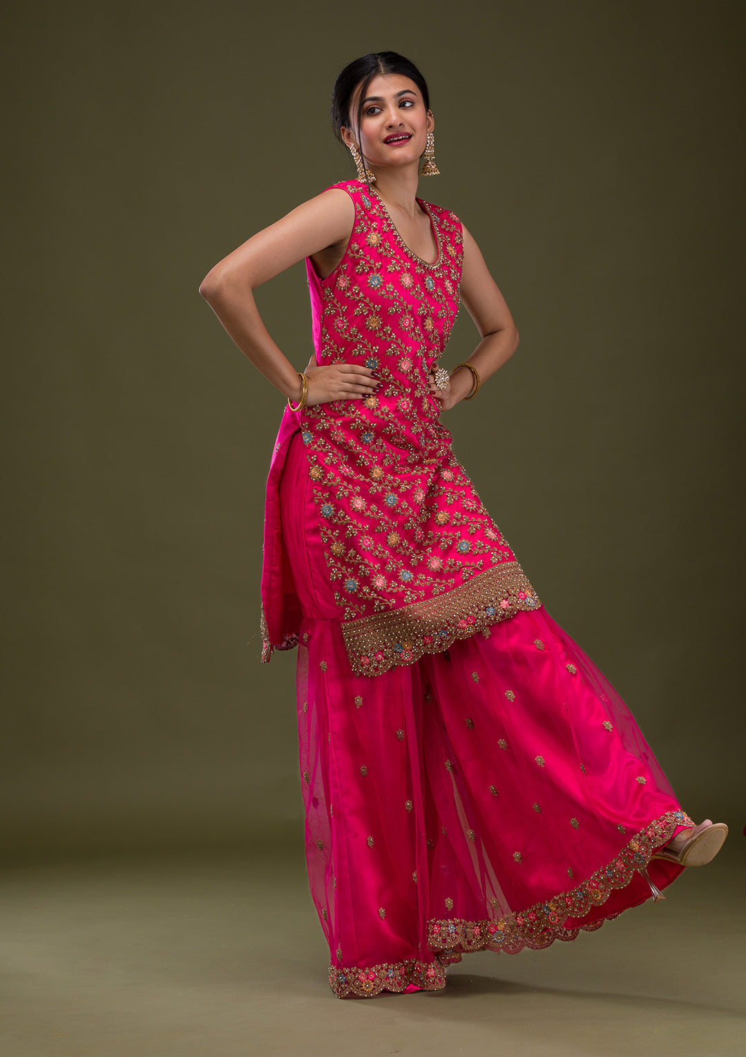 Rani Pink Zariwork Net Readymade Salwar Suit