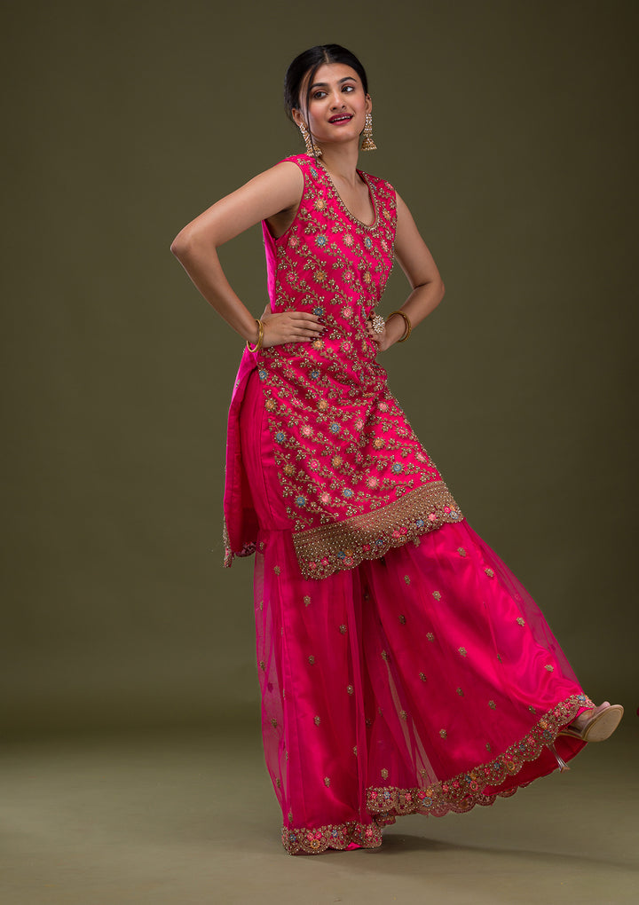 Rani Pink Zariwork Net Readymade Salwar Suit