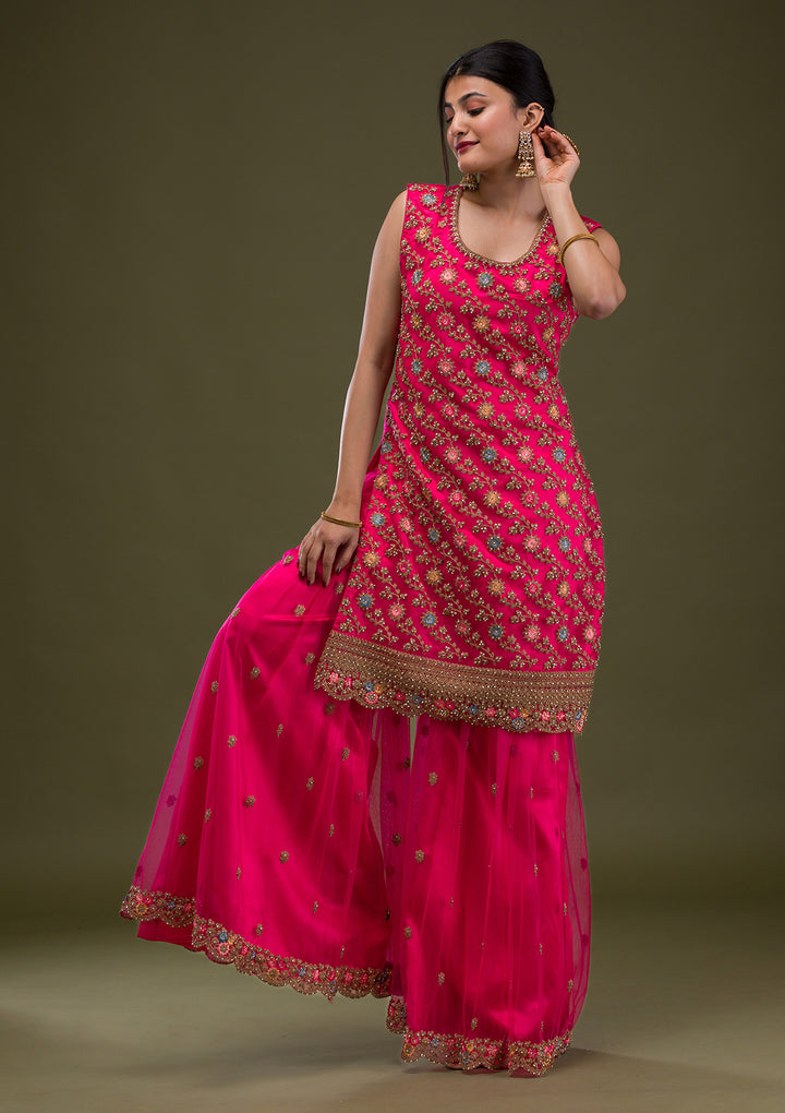 Rani Pink Zariwork Net Readymade Salwar Suit