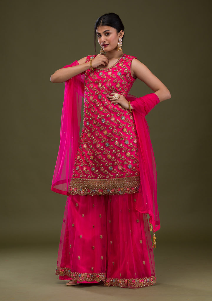 Rani Pink Zariwork Net Readymade Salwar Suit