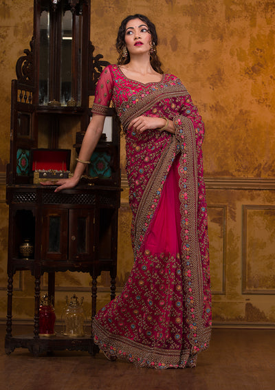 Rani Pink Zariwork Net Saree-Koskii