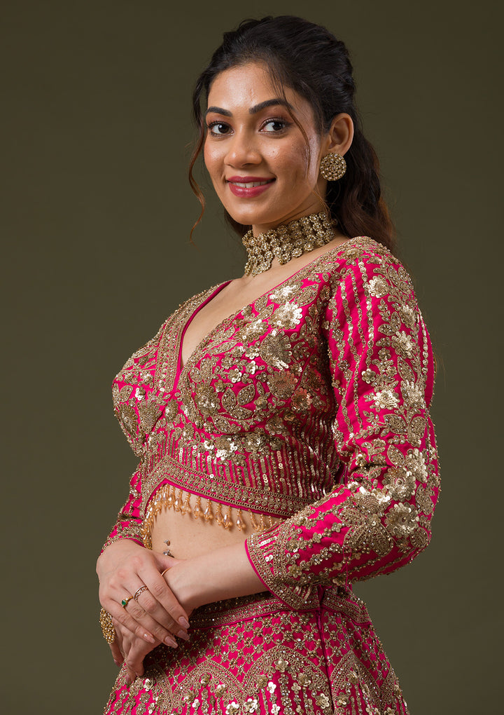Rani Pink Zariwork Raw Silk Readymade Lehenga
