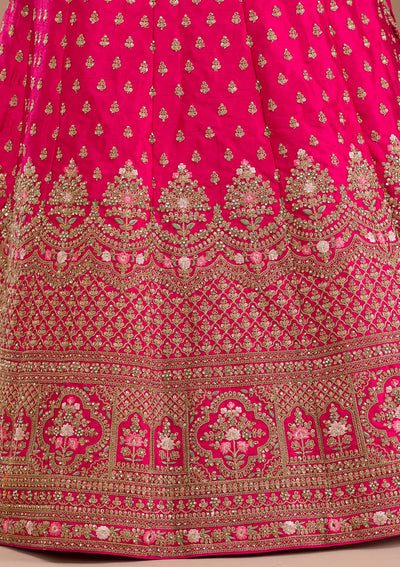Rani Pink Zariwork Raw Silk Semi Stitched Lehenga