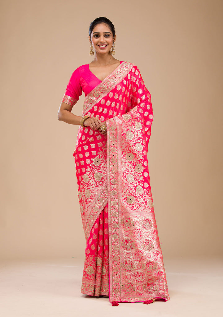 Rani Pink Zariwork Raw Silk Saree
