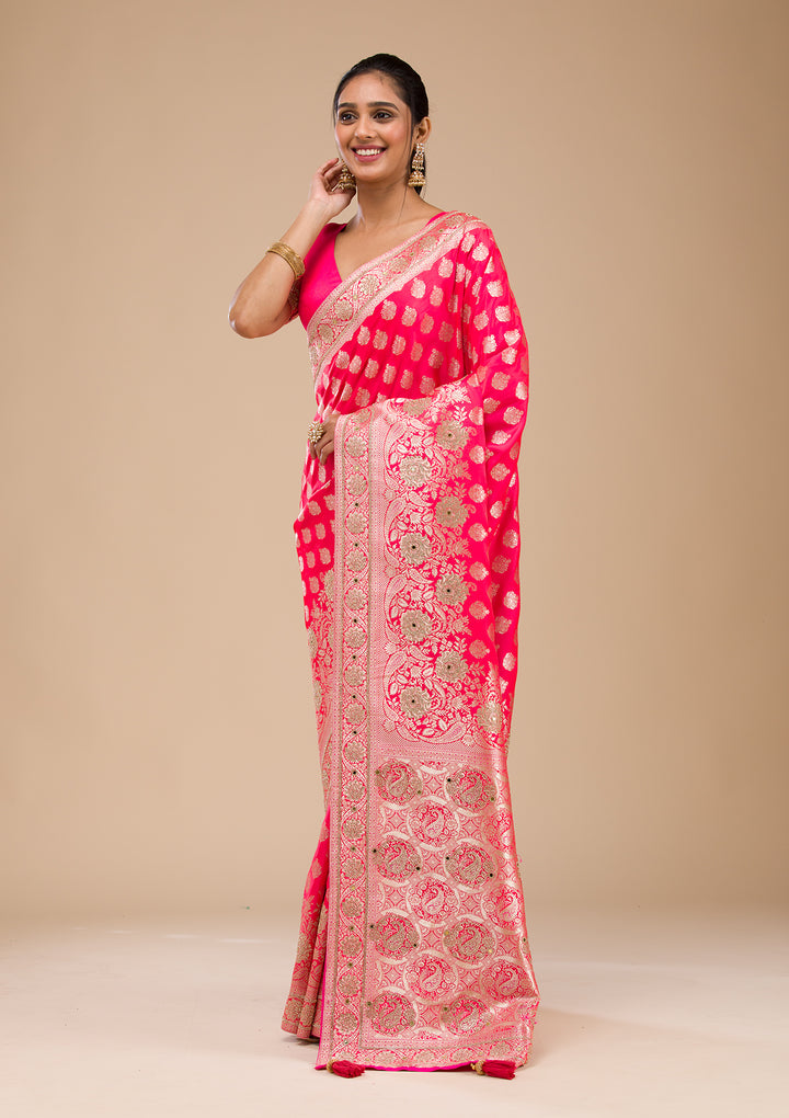 Rani Pink Zariwork Raw Silk Saree