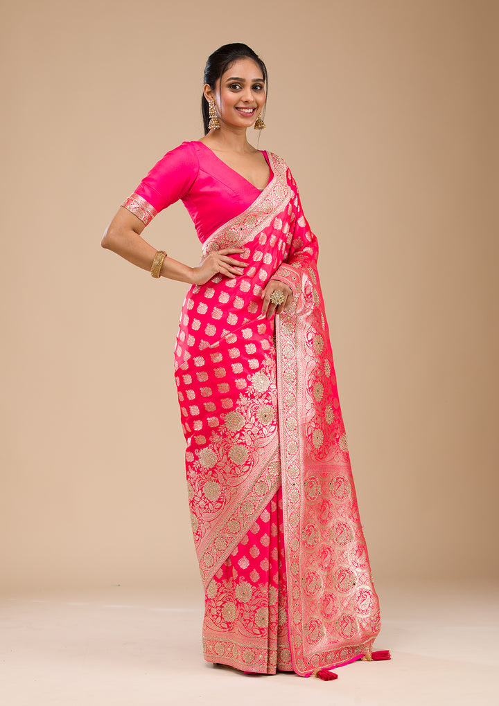 Rani Pink Zariwork Raw Silk Saree