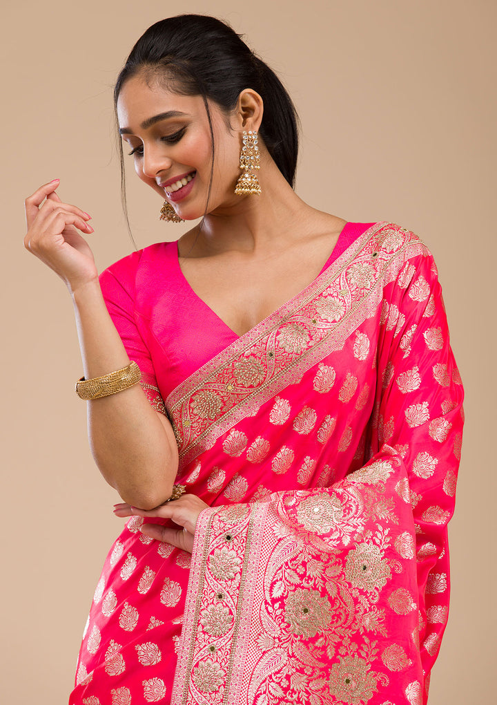 Rani Pink Zariwork Raw Silk Saree