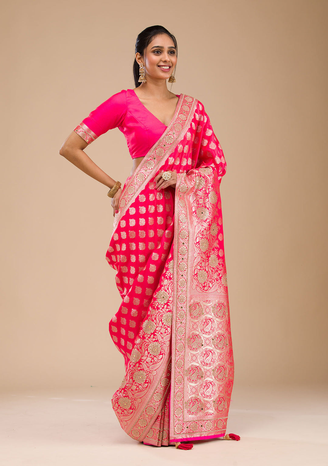 Rani Pink Zariwork Raw Silk Saree