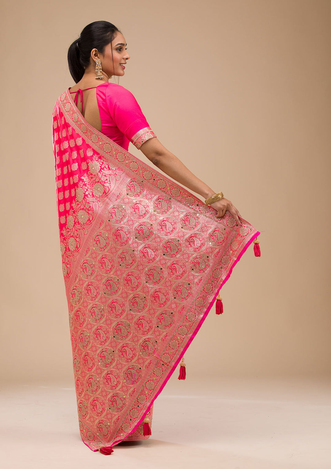 Rani Pink Zariwork Raw Silk Saree