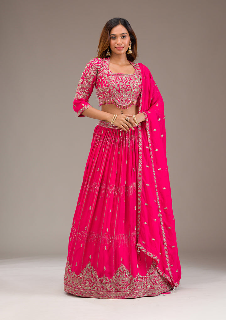 Rani Pink Zariwork Semi Crepe Readymade Lehenga