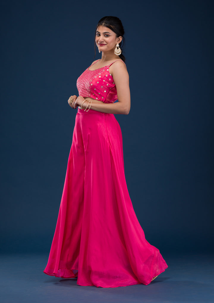 Rani Pink Zariwork Semi Crepe Readymade Salwar Suit