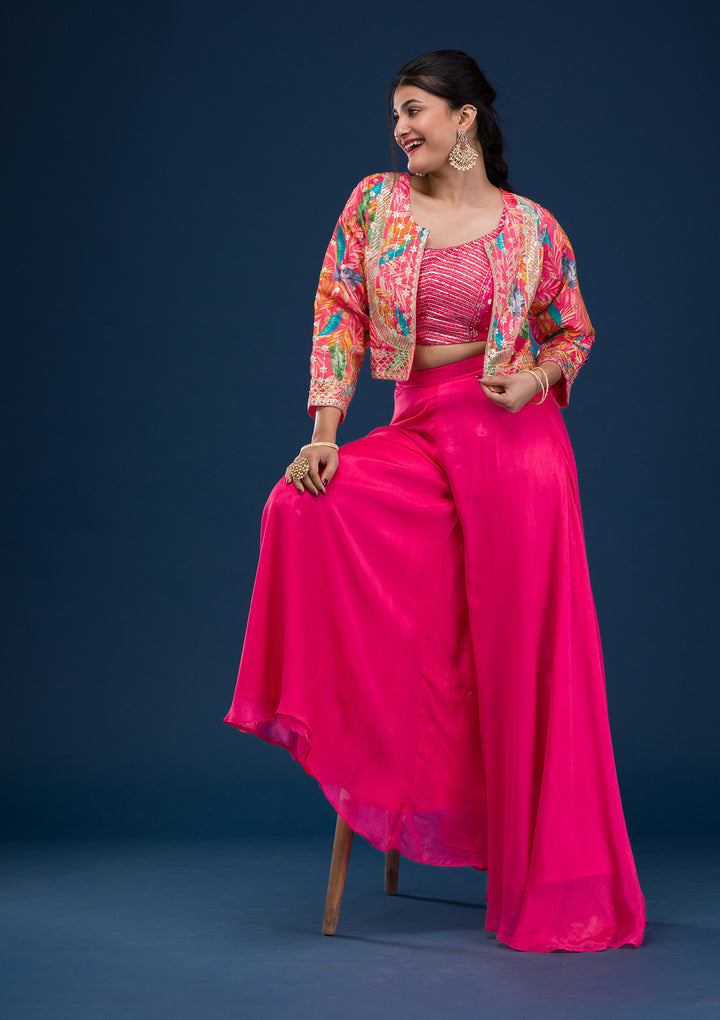 Rani Pink Zariwork Semi Crepe Readymade Salwar Suit