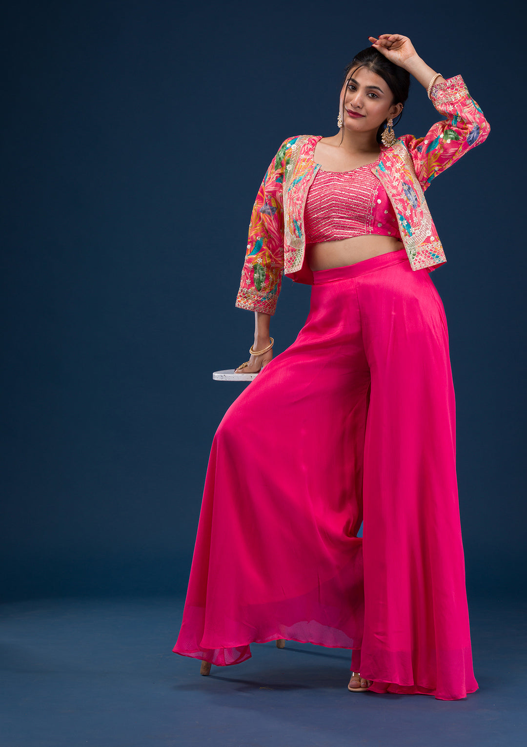 Rani Pink Zariwork Semi Crepe Readymade Salwar Suit