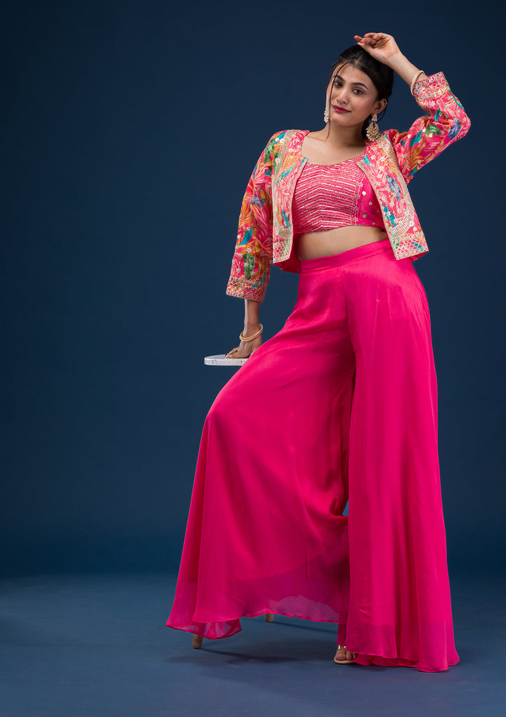 Rani Pink Zariwork Semi Crepe Readymade Salwar Suit
