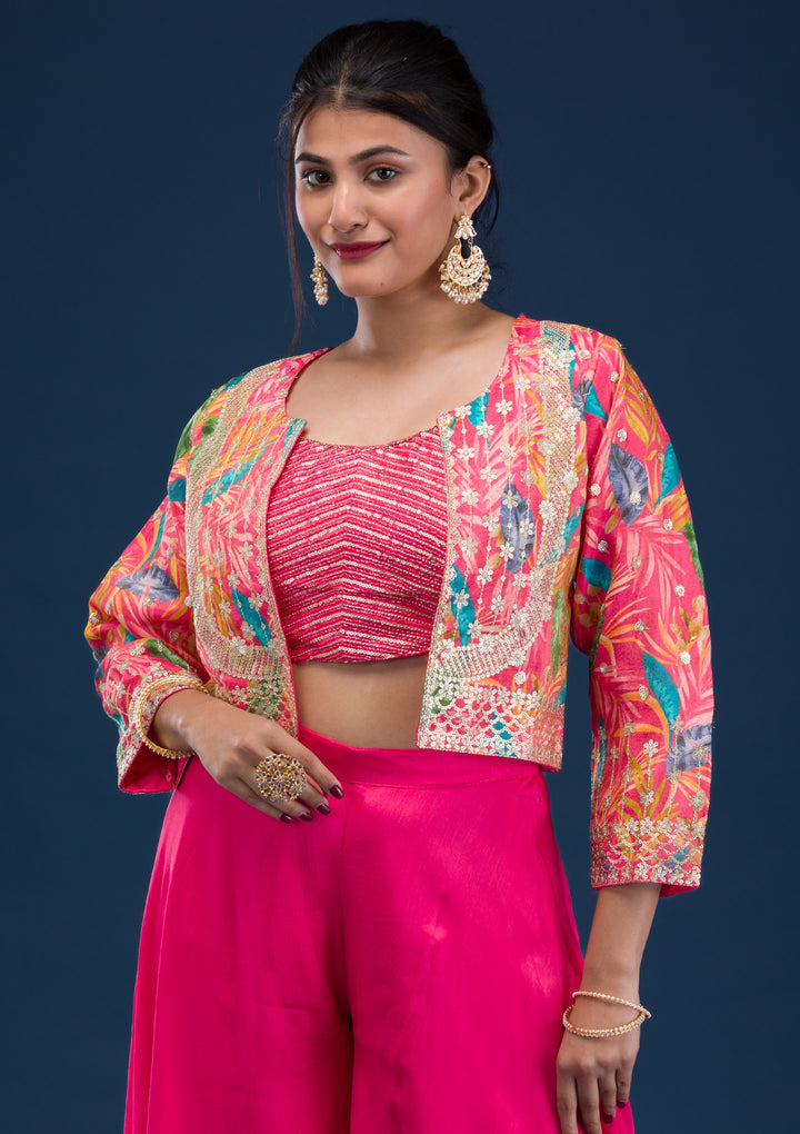 Rani Pink Zariwork Semi Crepe Readymade Salwar Suit
