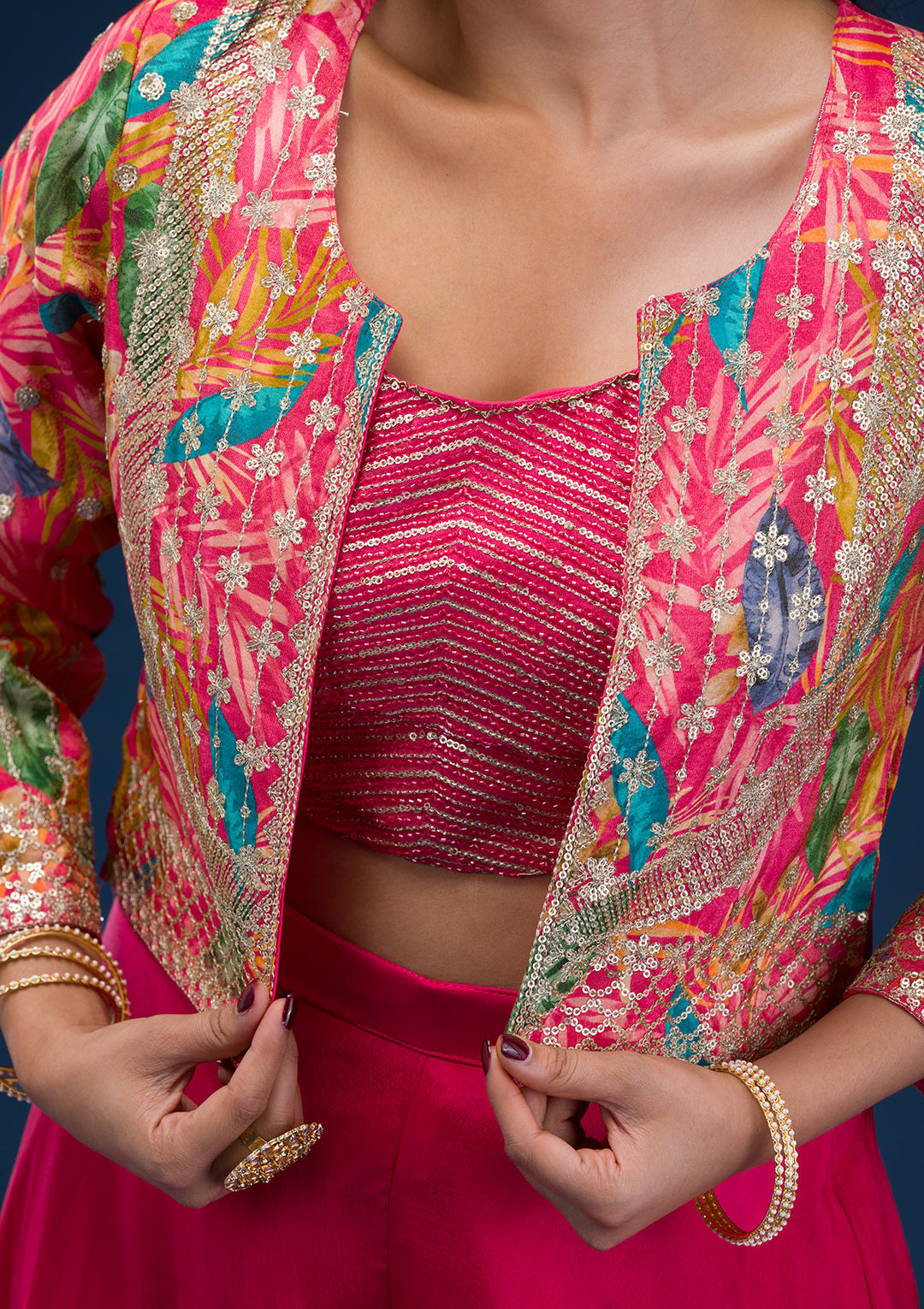 Rani Pink Zariwork Semi Crepe Readymade Salwar Suit