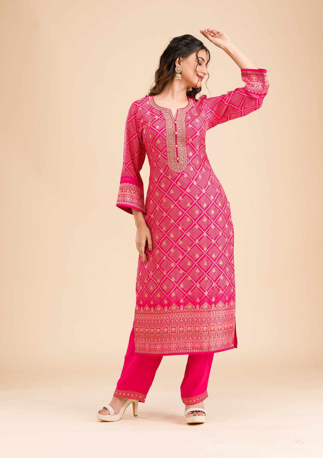 Rani Pink Zariwork Semi Crepe Readymade Salwar Suit