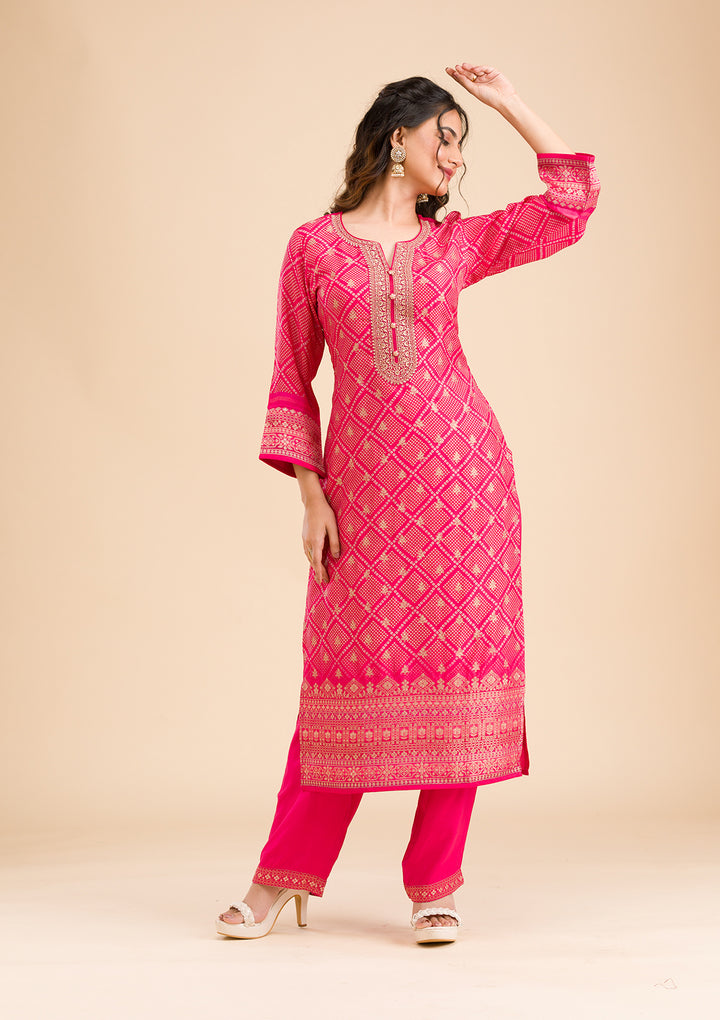 Rani Pink Zariwork Semi Crepe Readymade Salwar Suit