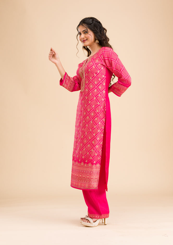 Rani Pink Zariwork Semi Crepe Readymade Salwar Suit